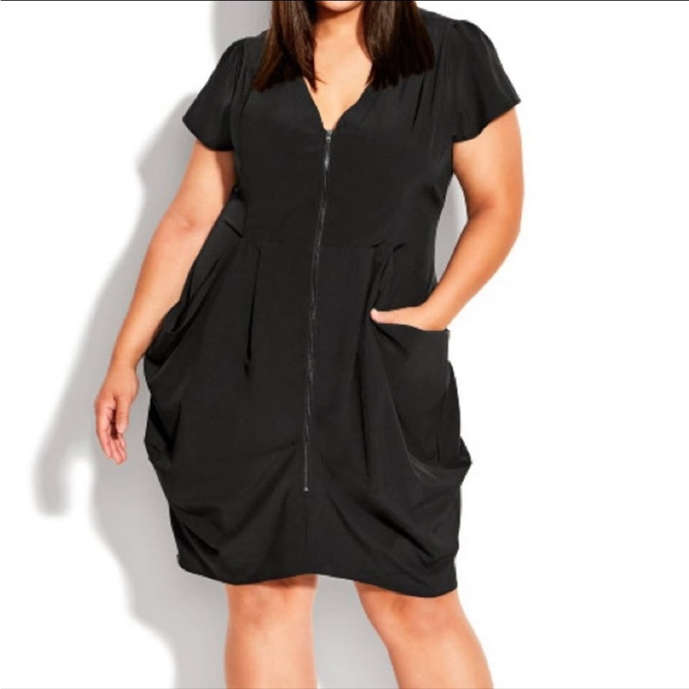 City Chic Front Zip Drape Black Dress Short Sleeve Women’s Size M18